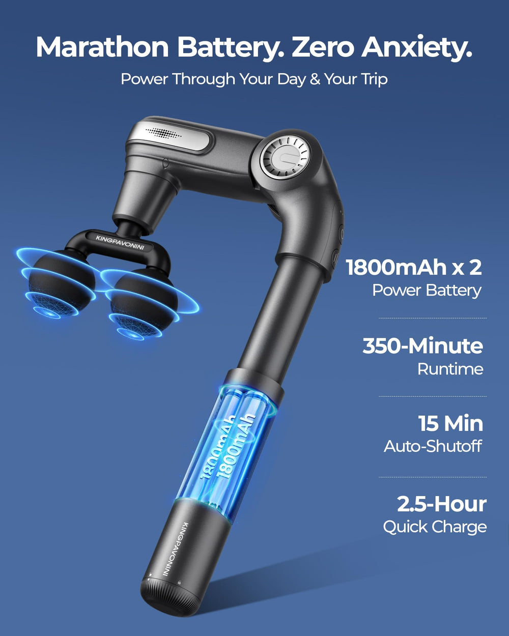 Cordless operation of KingPavonini massager ideal for travel use.