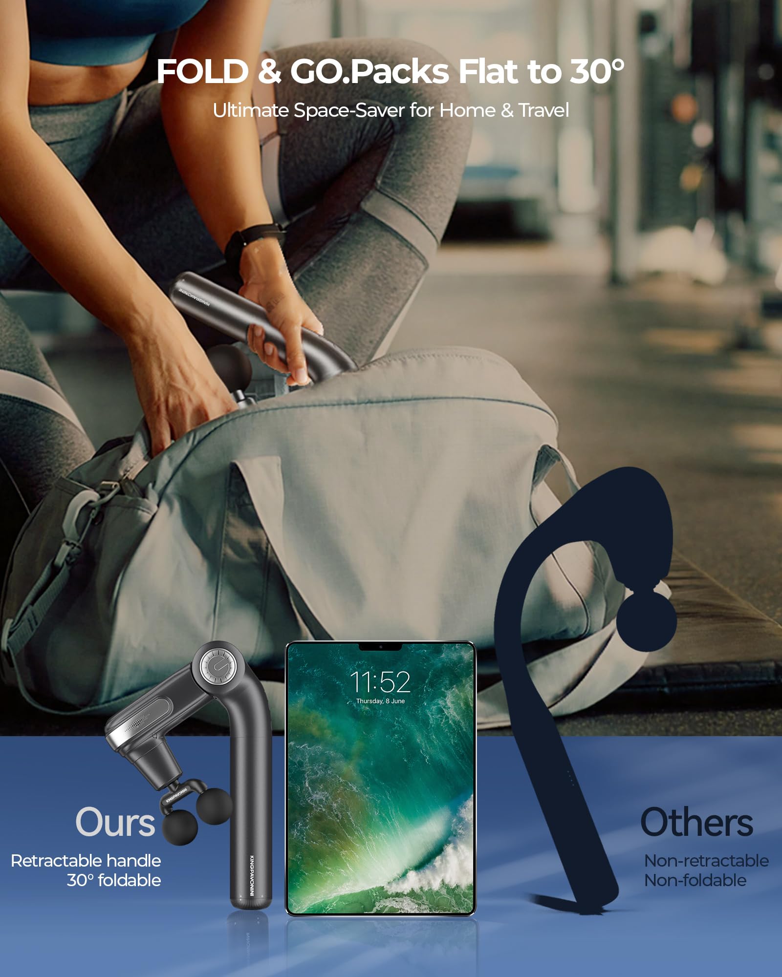Compact foldable design of KingPavonini massager in a gym bag.