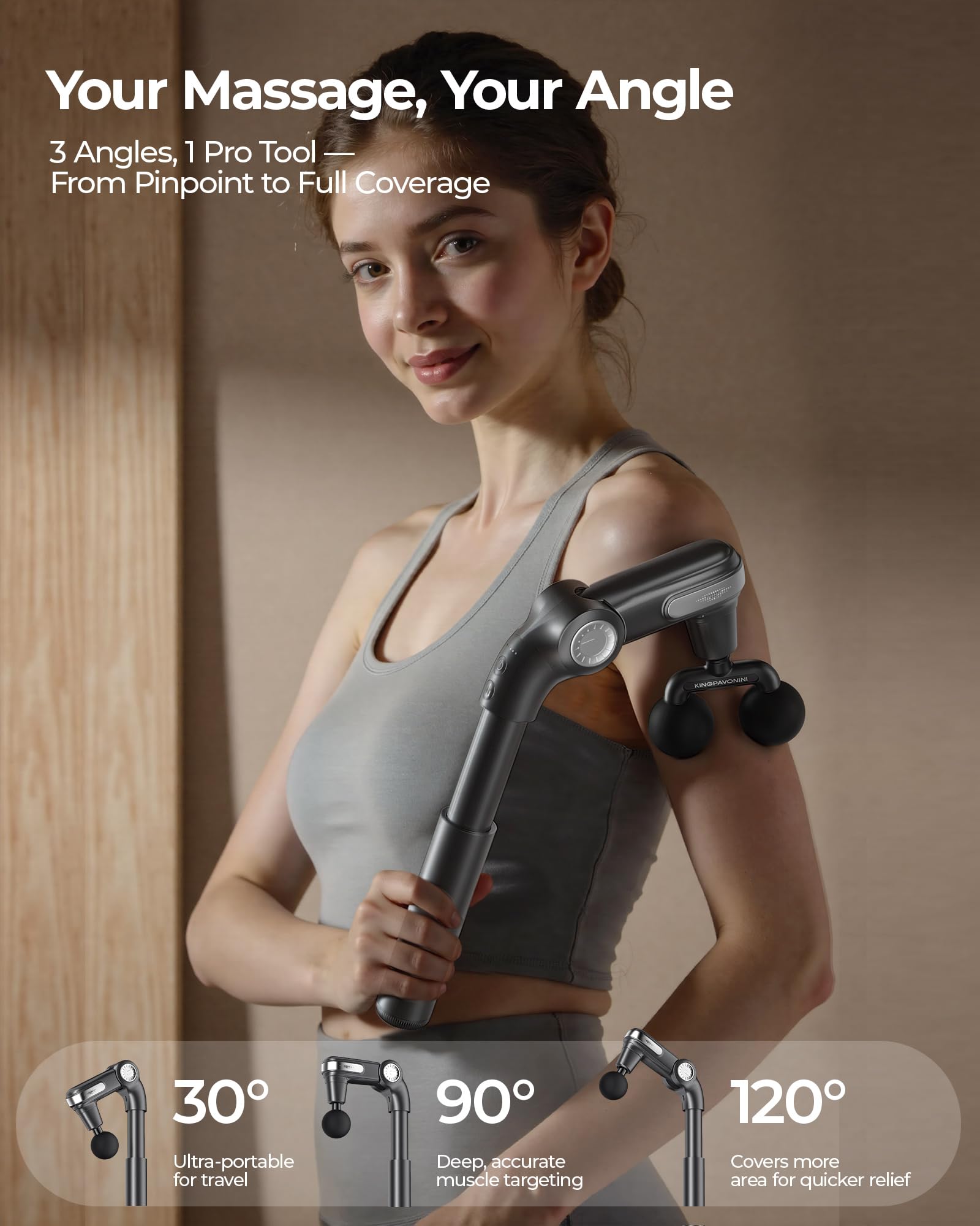 KingPavonini massage gun showing three angle options for targeted relief.