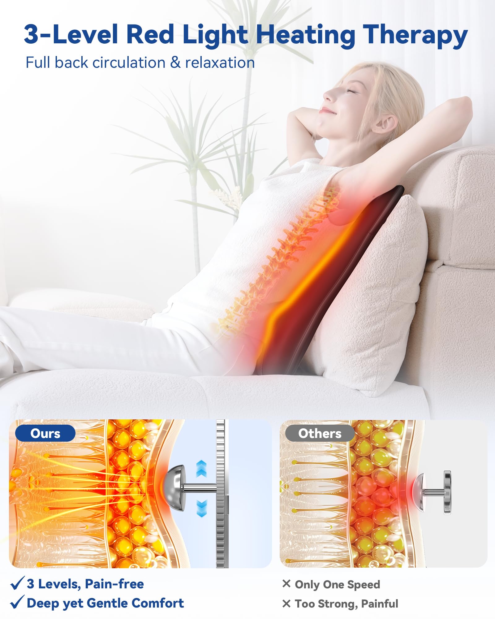 KingPavonini back massager demonstrates 3-level red light therapy for targeted relief.