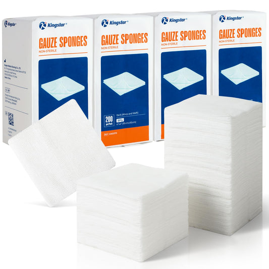 K Kingstar 800-pack gauze sponges in 4x4 inch size, 8-ply, bulk supply.