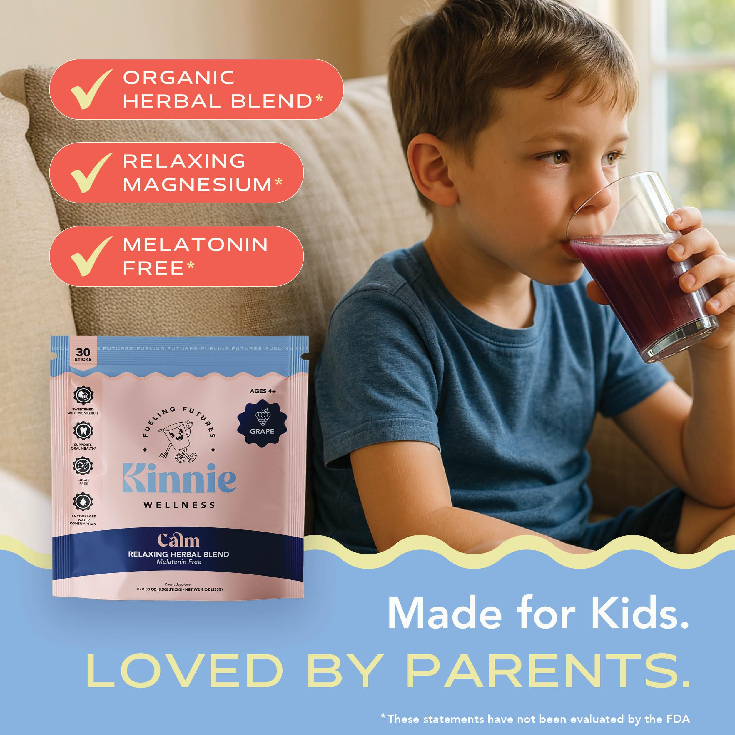 Kinnie Calming grape drink in glass for after-school focus