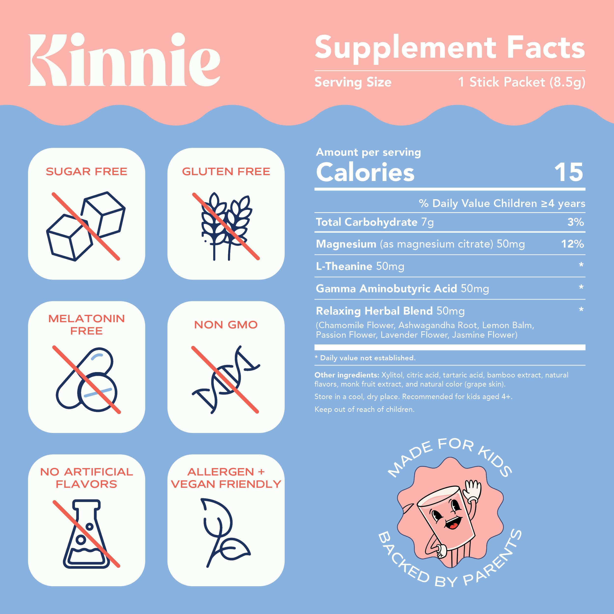 Kinnie Calming grape mix dissolves in water for focus support