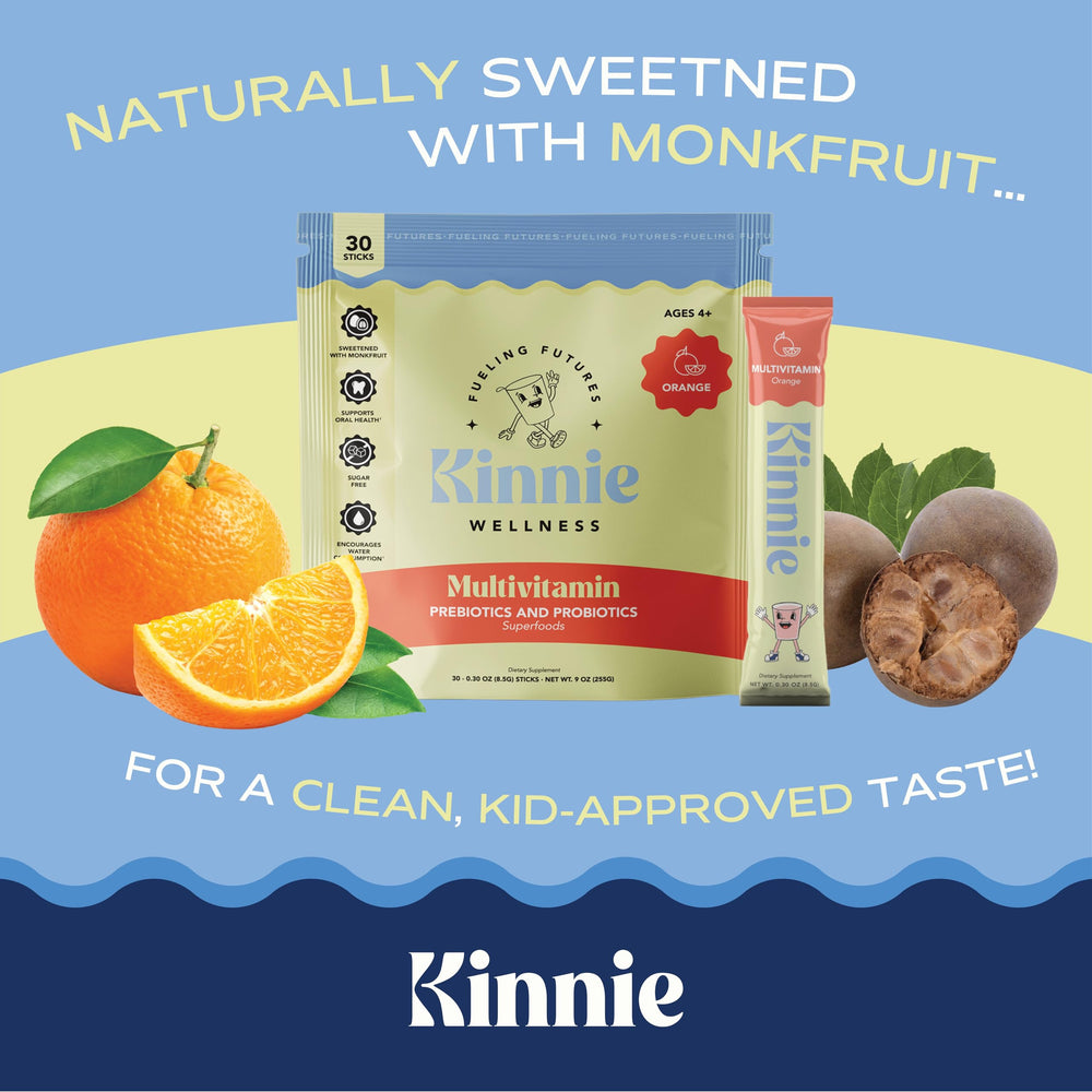 Kinnie Kids packaging showing 22 vitamins for easy daily nutrition