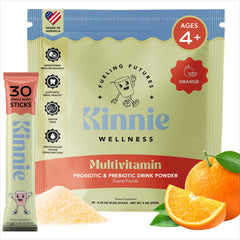 Kinnie Kids multivitamin stick orange flavor dissolving in water for a quick nutrient boost