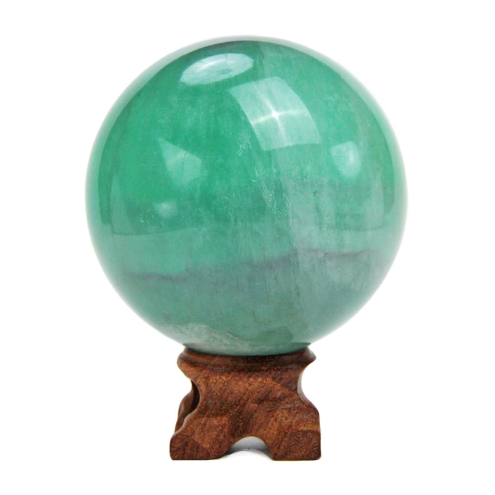 KINO green fluorite sphere on wood stand for meditation and decor.