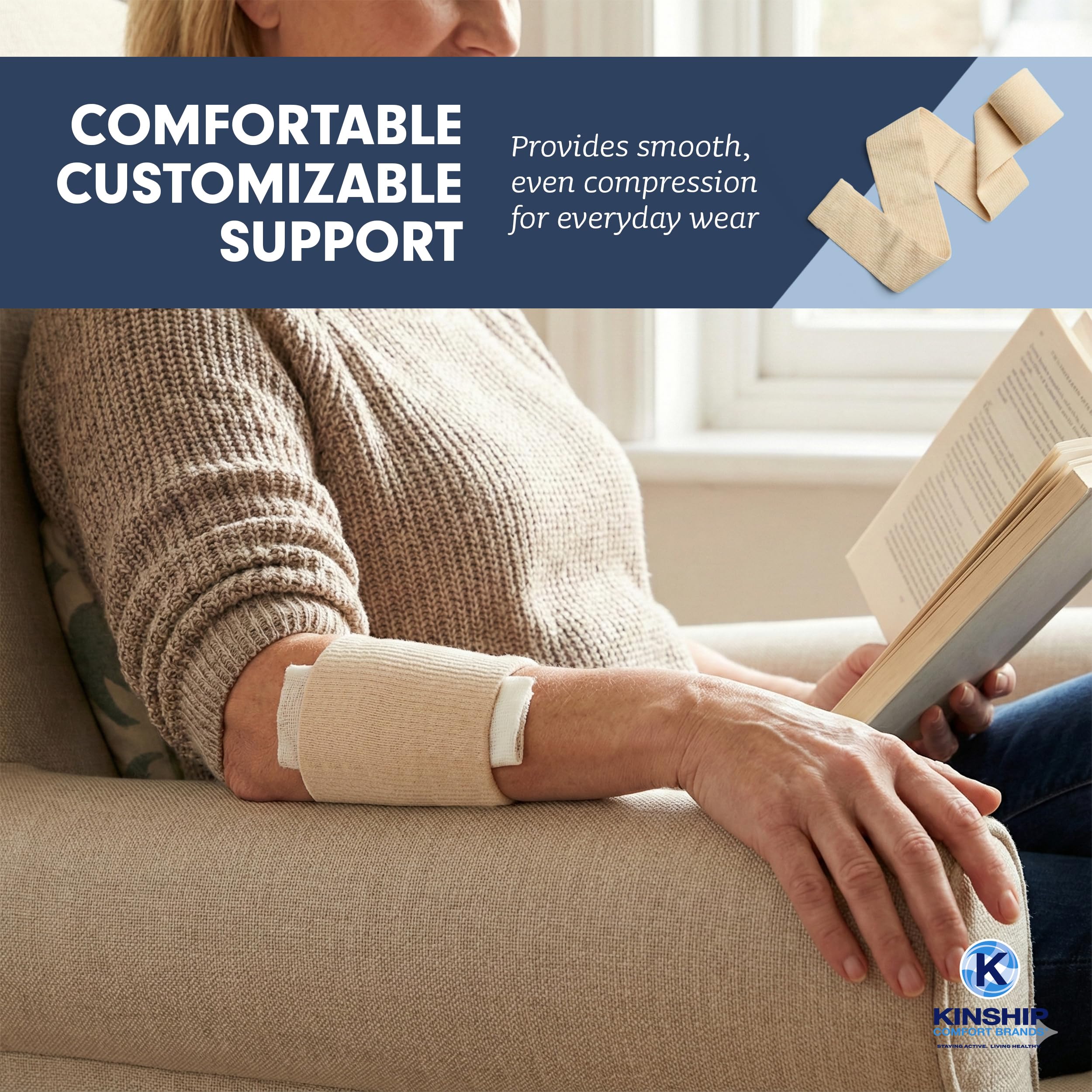 KinGrip tubular bandage leg stays in place during daily activities for edema support.