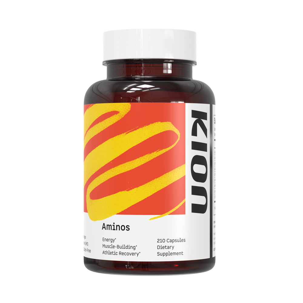 Kion Aminos bottle packaging shows convenient capsule format for daily use