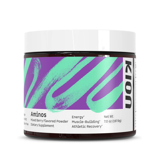 Kion Aminos mixed-berry powder jar ready for post-workout recovery
