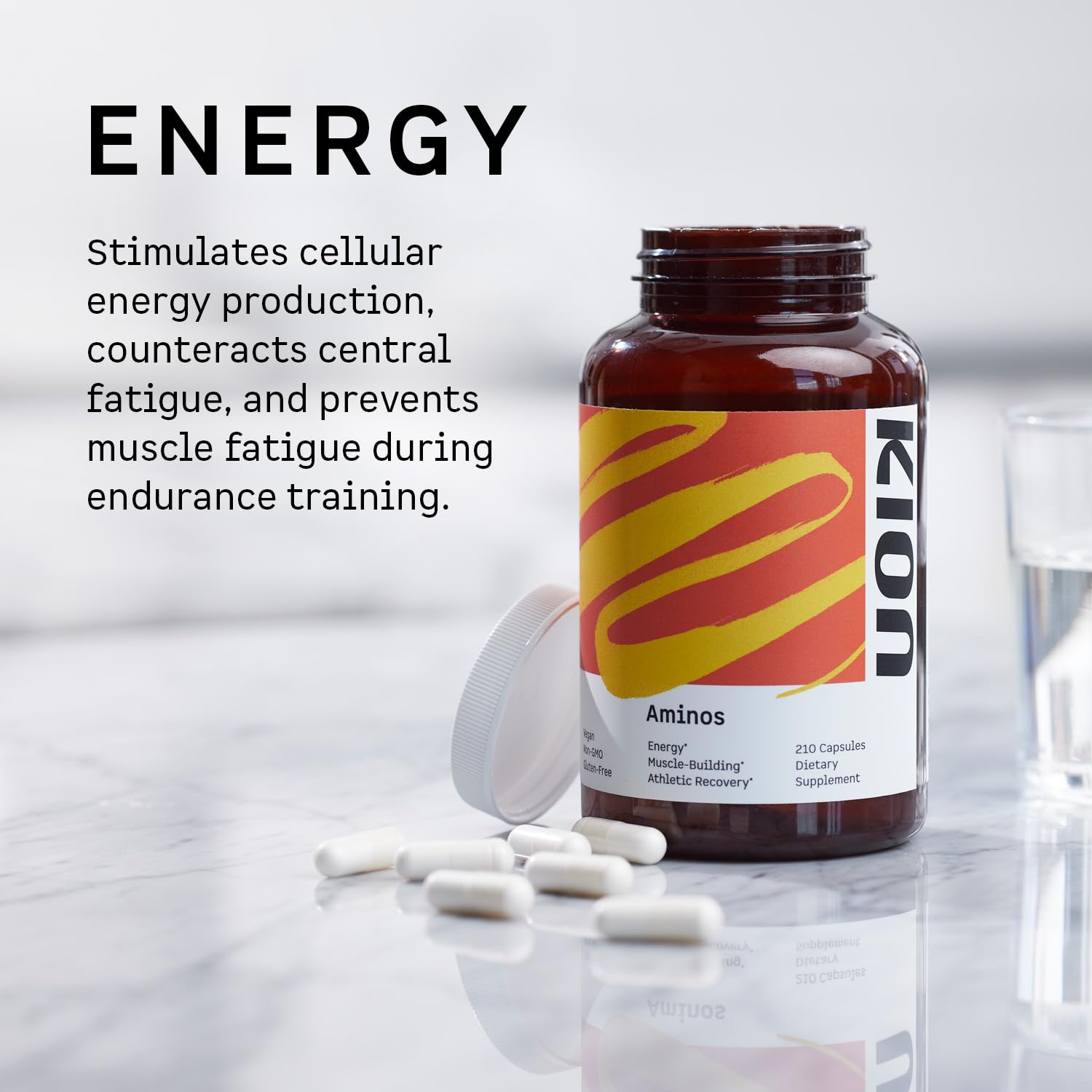 Kion Aminos serving capsules reveal 5 g essential amino acids per serving for energy support