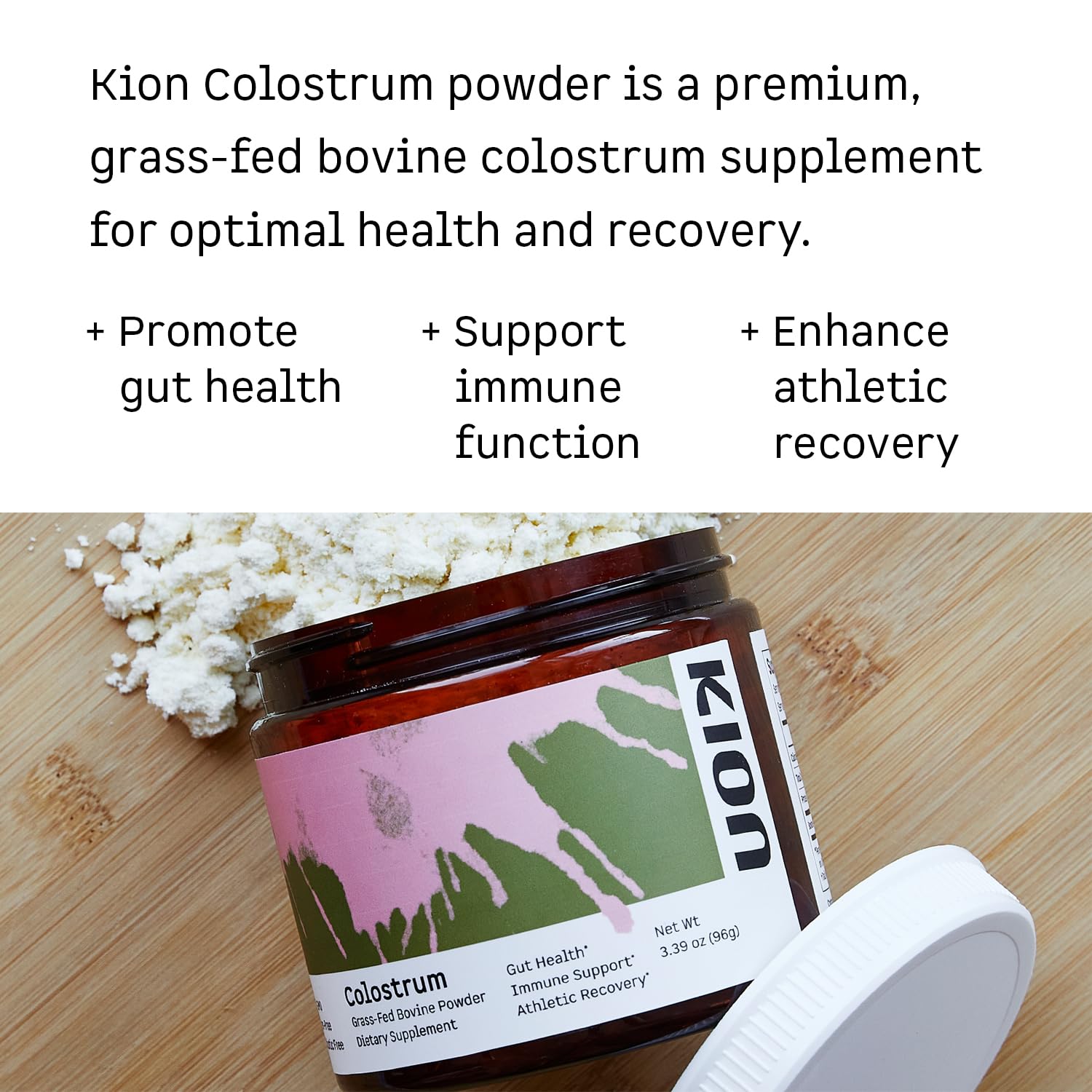 Kion Colostrum being poured to illustrate convenient daily serving.