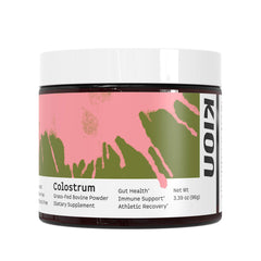 Kion Colostrum bottle shows grass-fed source for gut health support.