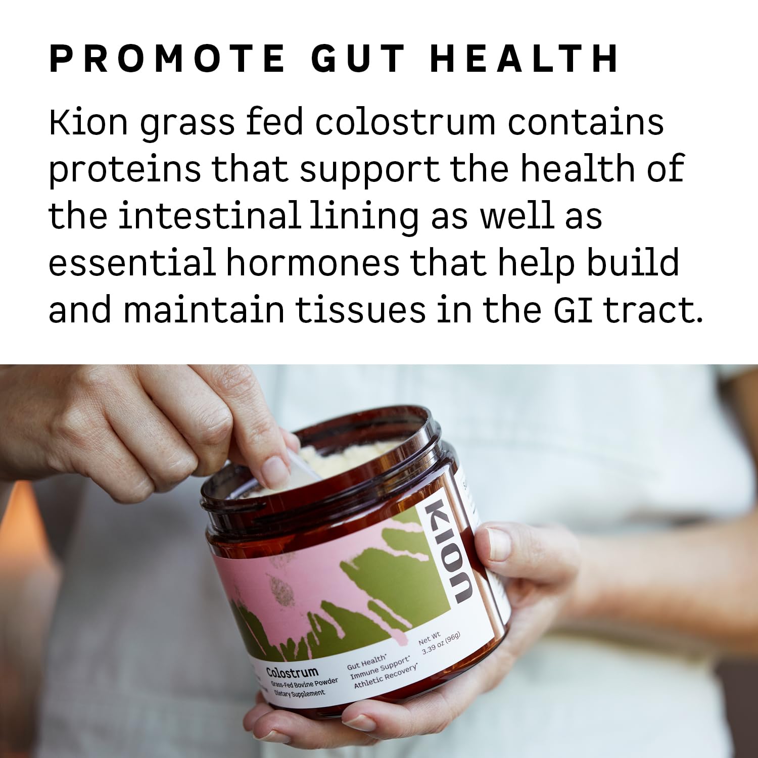 Kion Colostrum close-up of ingredients featuring cytokines and lactoferrin for immune support.
