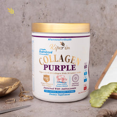 Kiperin Purple Collagen Peptides bottle closeup with anthocyanin emphasis.