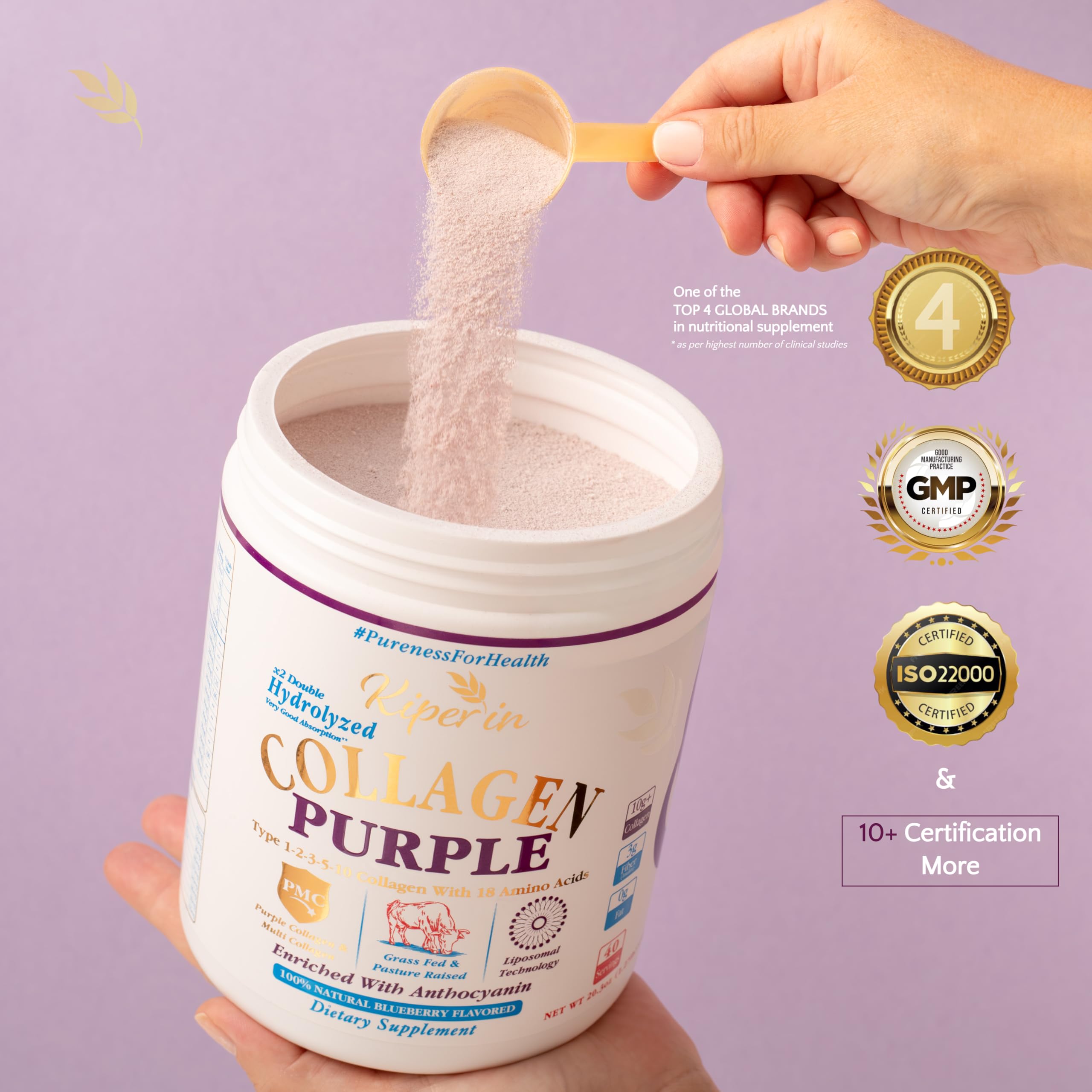 Kiperin Purple Collagen Peptides cup-ready setup for a convenient morning ritual.