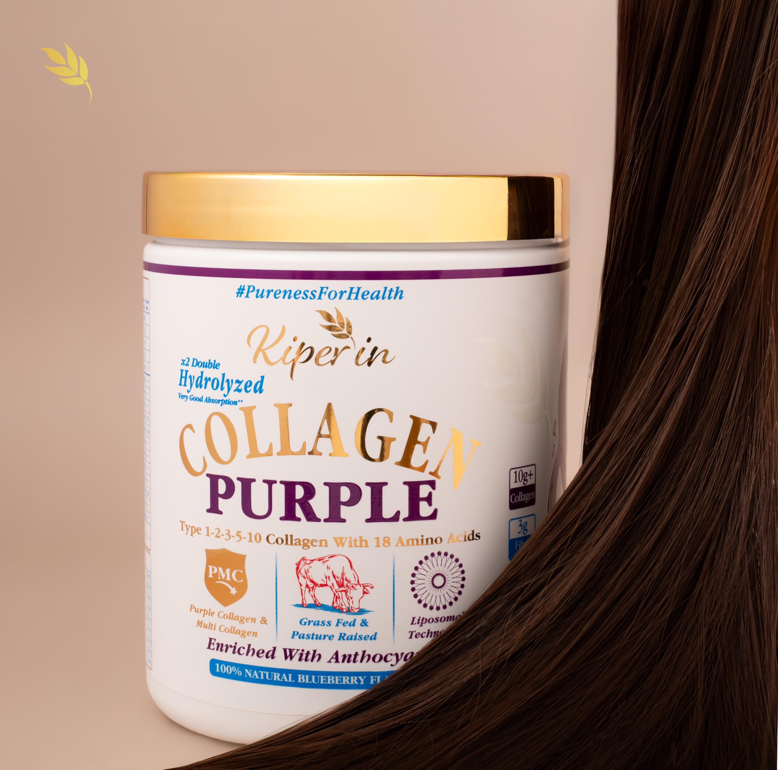 Kiperin Purple Collagen Peptides ingredients panel featuring vitamin C and minerals.