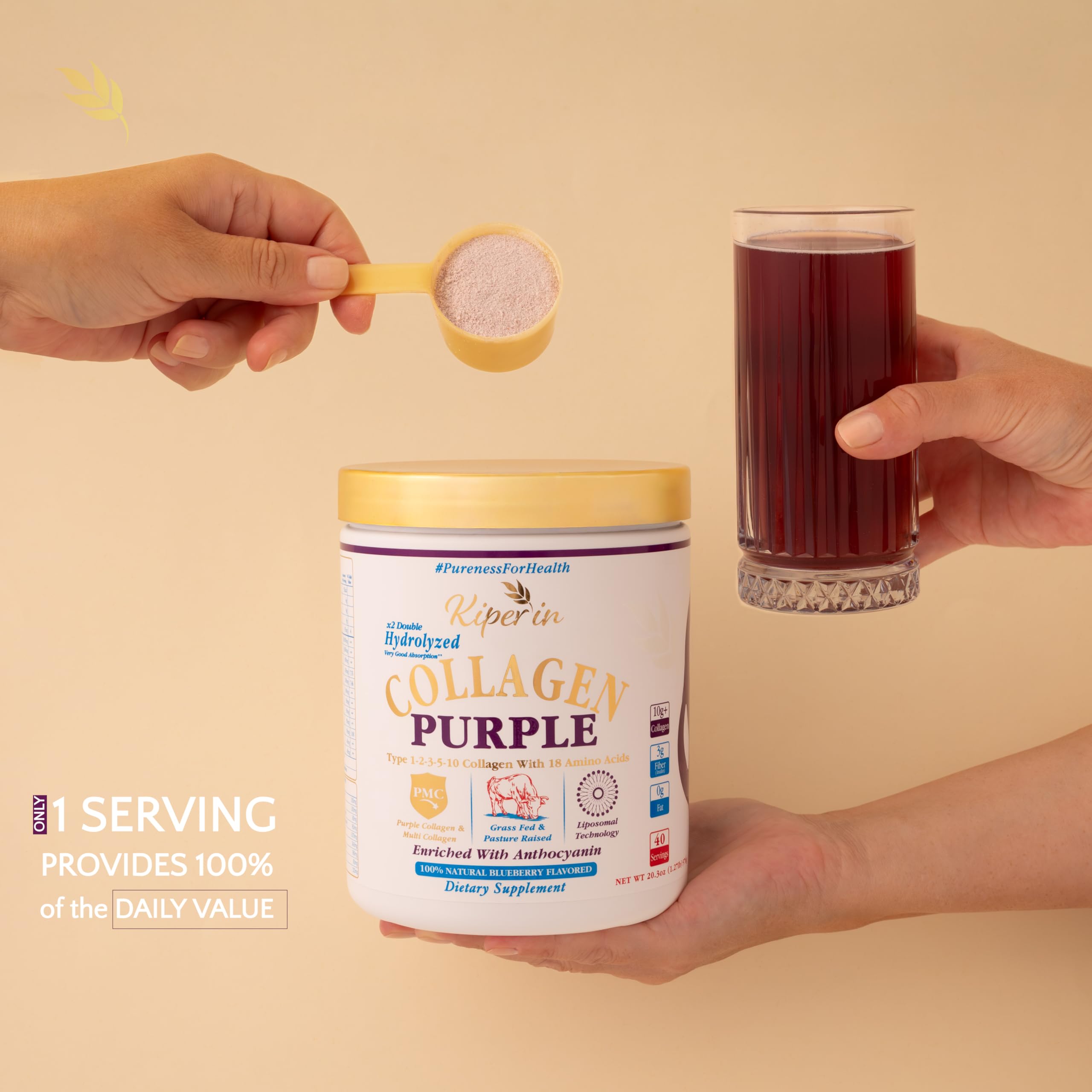 Kiperin Purple Collagen Peptides dissolving quickly in water.