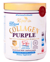 Kiperin Purple Collagen Peptides tub label highlighting liposomal absorption for skin support.