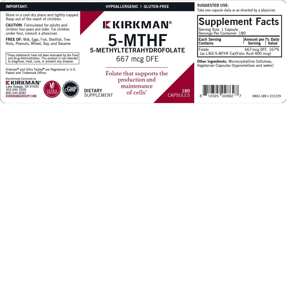 Kirkman 5-MTHF pills close-up shows small, easy-to-swallow capsules for daily use.
