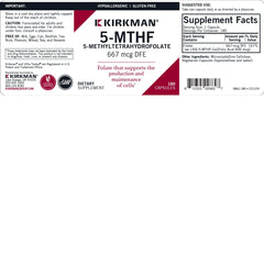 Kirkman 5-MTHF pills close-up shows small, easy-to-swallow capsules for daily use.