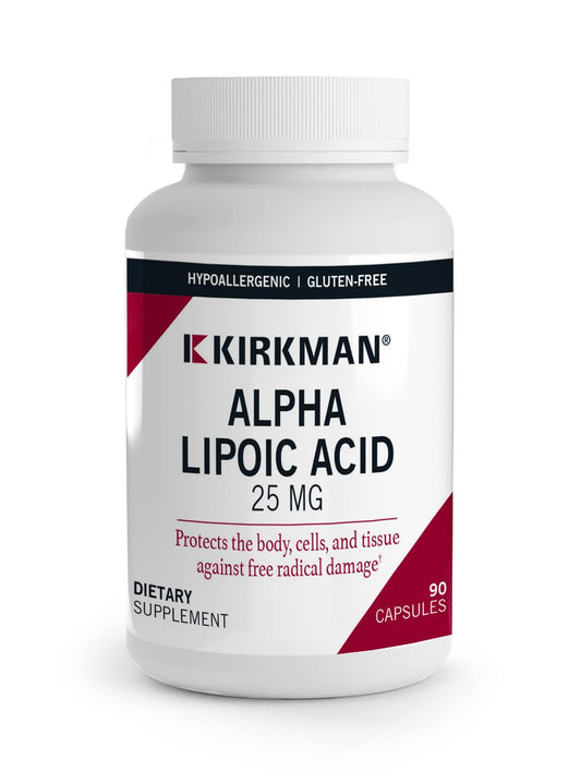 Kirkman Alpha Lipoic Acid 25 mg capsules bottle highlighting daily antioxidant protection