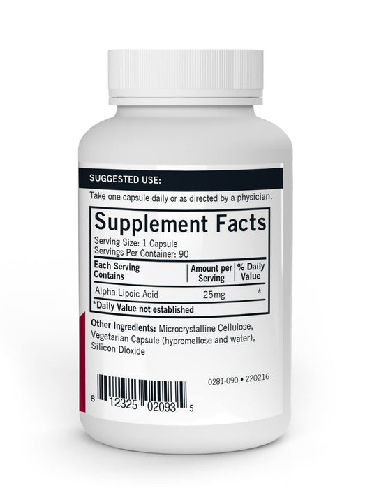 Kirkman Alpha Lipoic Acid 25 mg capsules label shows product details and usage