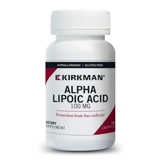Kirkman Alpha Lipoic Acid bottle front view, hypoallergenic plant-based capsules for sensitive diets