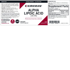 Kirkman Alpha Lipoic Acid bottle label close-up, shows 100 mg potency