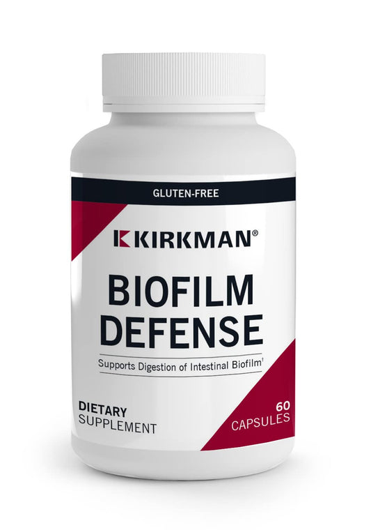 Kirkman Biofilm Defense bottle ready for daily capsule intake and digestive support.