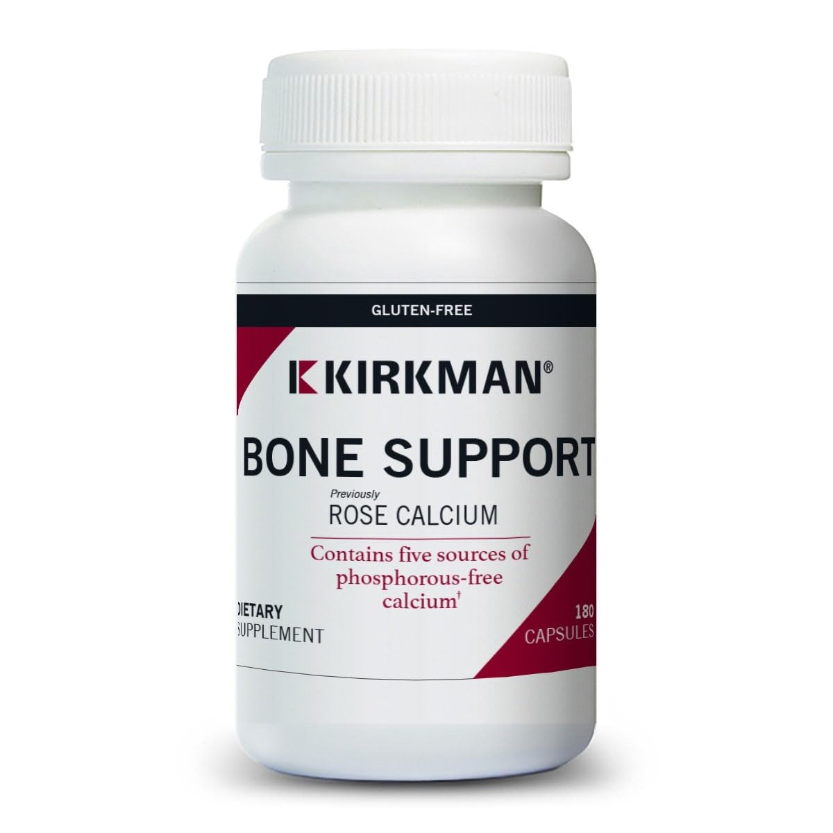 Kirkman Bone Support bottle close-up highlighting calcium blend for stronger bones