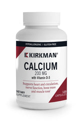 Kirkman Calcium 200 mg bisglycinate bottle close-up showing label for bone-support potential.