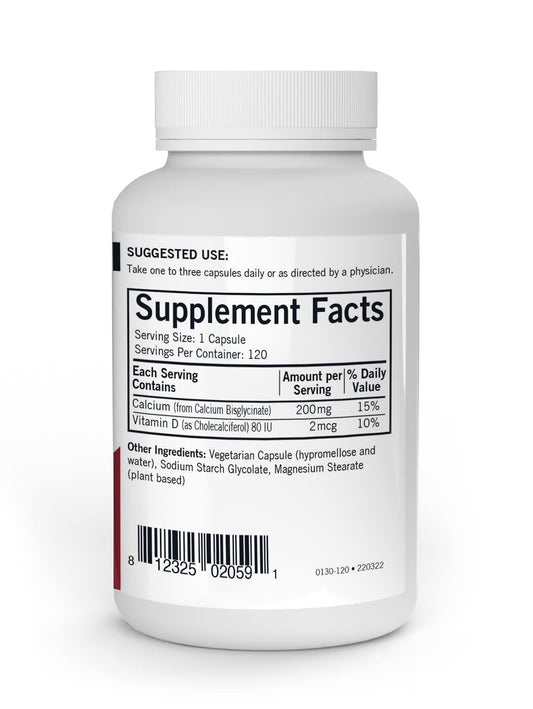 Kirkman Calcium 200 mg capsules close-up highlighting vegetarian capsules for sensitive users.