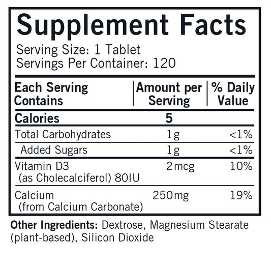 Kirkman calcium 250mg with D3 chewables close-up for convenient daily intake.