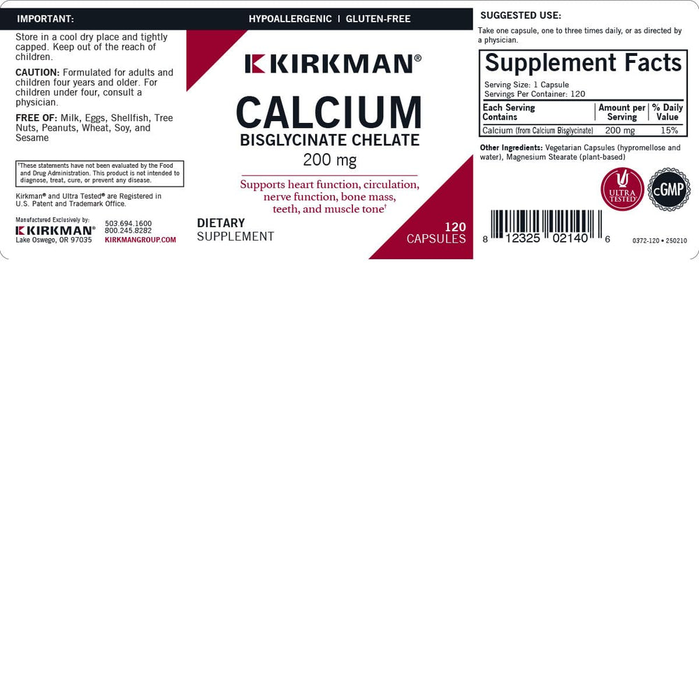 Kirkman calcium bisglycinate chelate label highlighting product information.