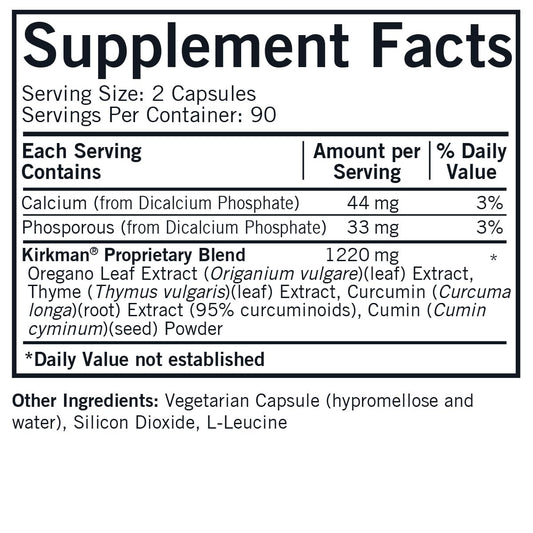 Kirkman CD-Herbal ingredients list featuring thyme, oregano, and turmeric.