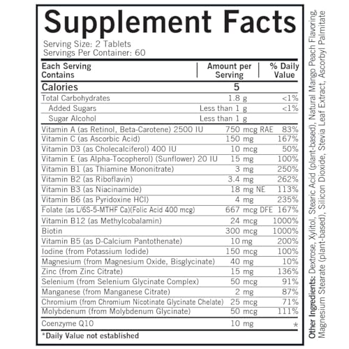 Kirkman Children's Multivitamin tablets closeup shows chewable format for kids.