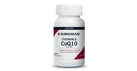 Kirkman CoQ10 bottle front with 25 mg hypoallergenic formula for energy support