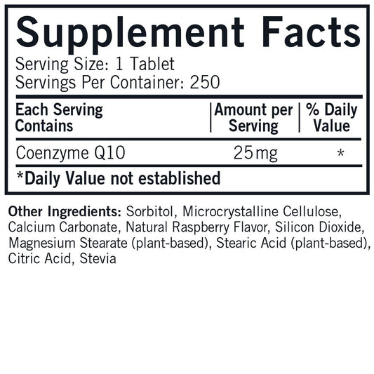 Kirkman CoQ10 bottle open showing 250 tablets with allergen-free labeling.