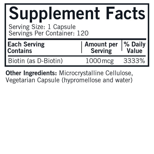 Kirkman d-Biotin 1000 mcg capsules label, clear allergen-free branding for sensitive users