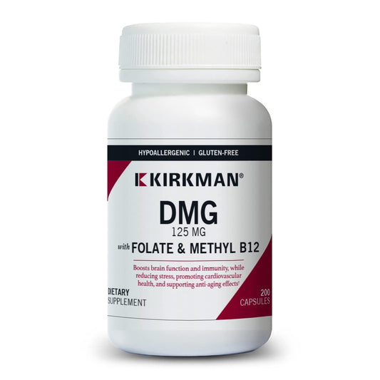 Kirkman DMG 125 mg bottle front view highlighting hypoallergenic formula for sensitive users