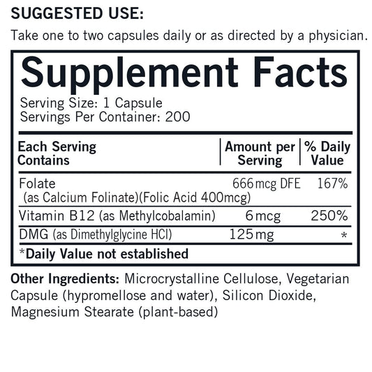 Kirkman DMG125mg capsule close-up showing plant-based, easy-to-swallow capsules