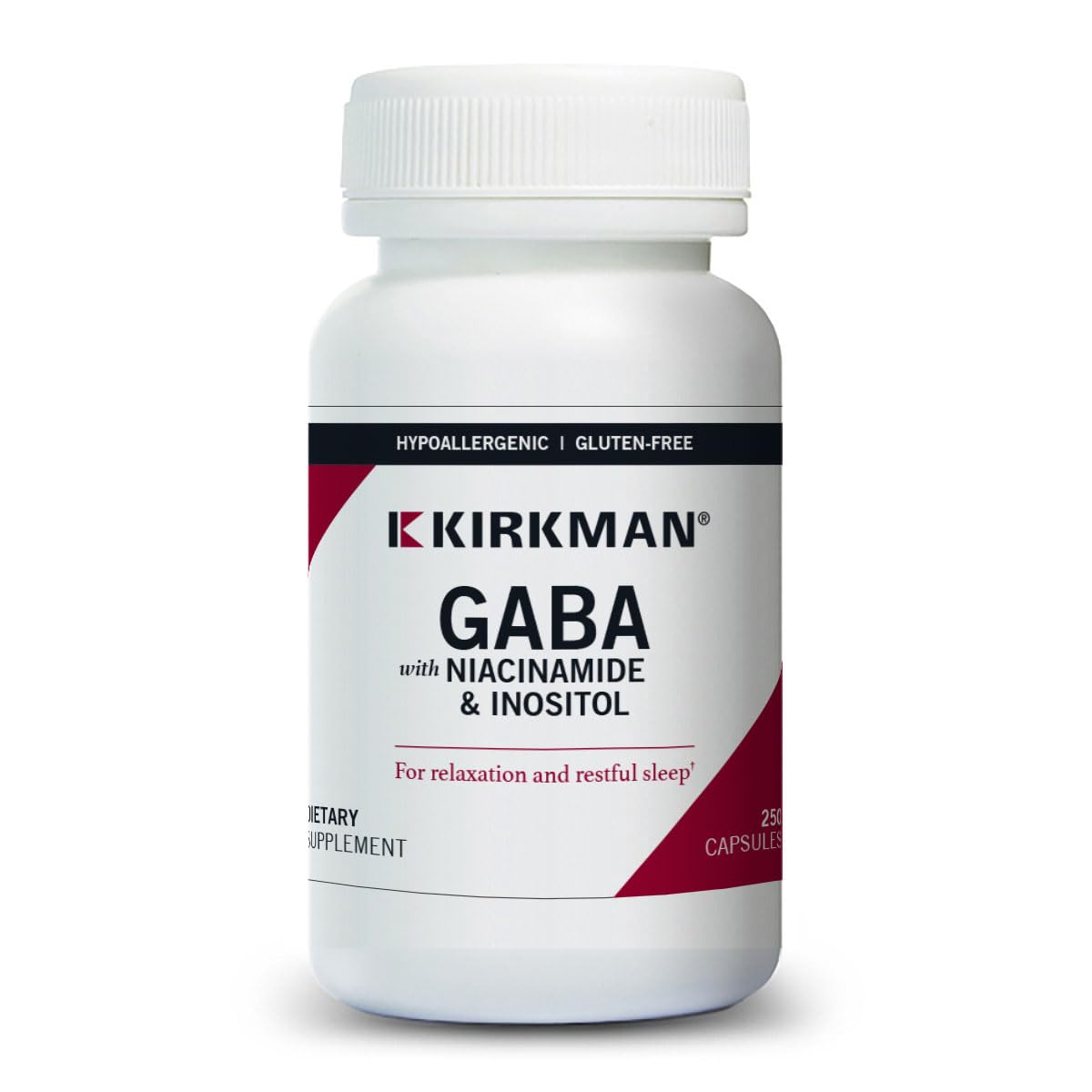 Kirkman GABA with Niacinamide & Inositol bottle pour supports a calm evening routine.