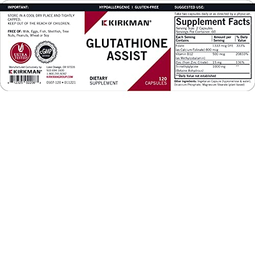 Kirkman Glutathione Assist packaging showing plant-based hypoallergenic capsules.
