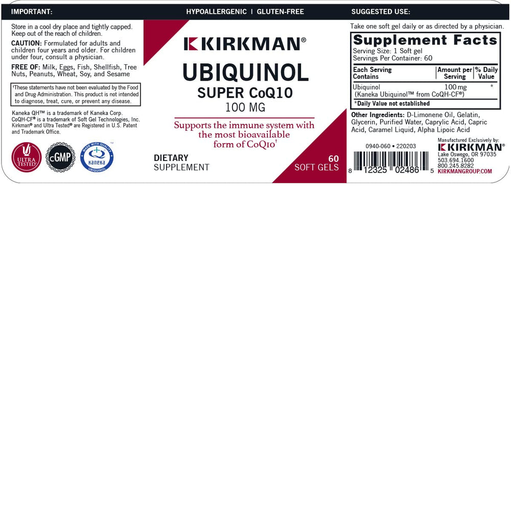 Kirkman gluten-free, casein-free ubiquinol softgel on clean background