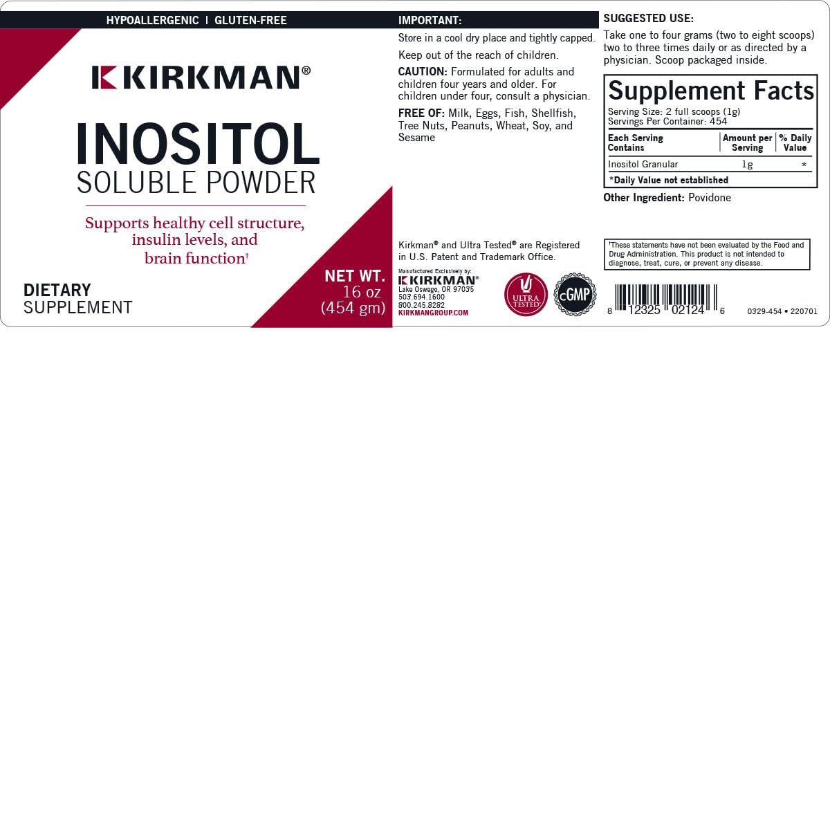 Close-up of Kirkman hypoallergenic, gluten-free and casein-free label on bottle.
