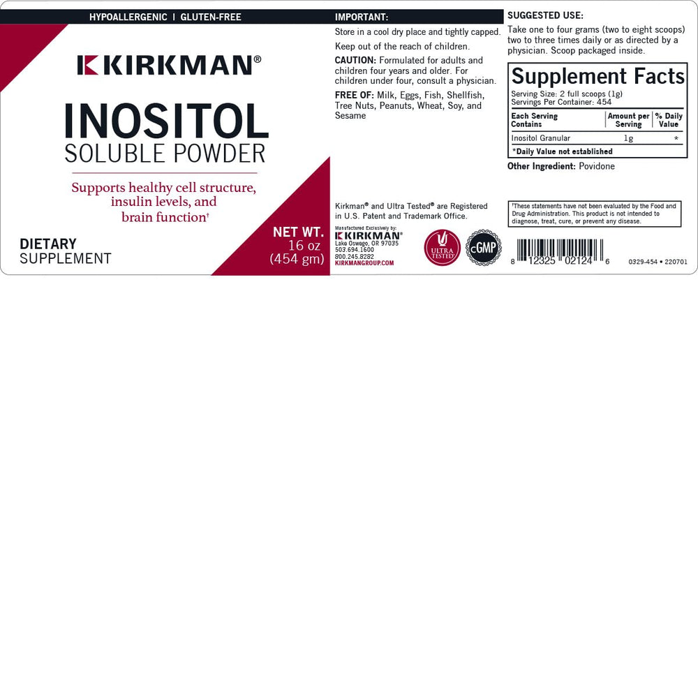 Close-up of Kirkman hypoallergenic, gluten-free and casein-free label on bottle.