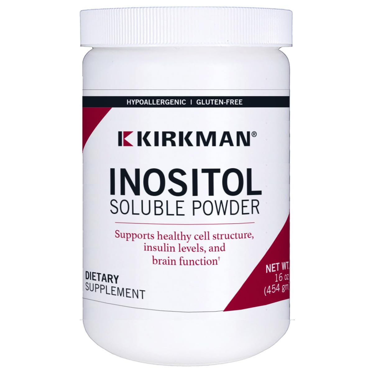 Kirkman Inositol Pure Soluble Powder bottle shown, highlighting purity and ease of use.