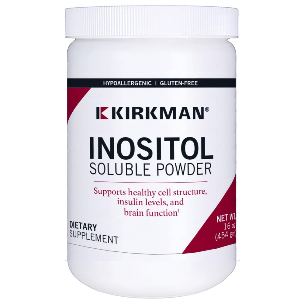 Kirkman Inositol Pure Soluble Powder bottle shown, highlighting purity and ease of use.
