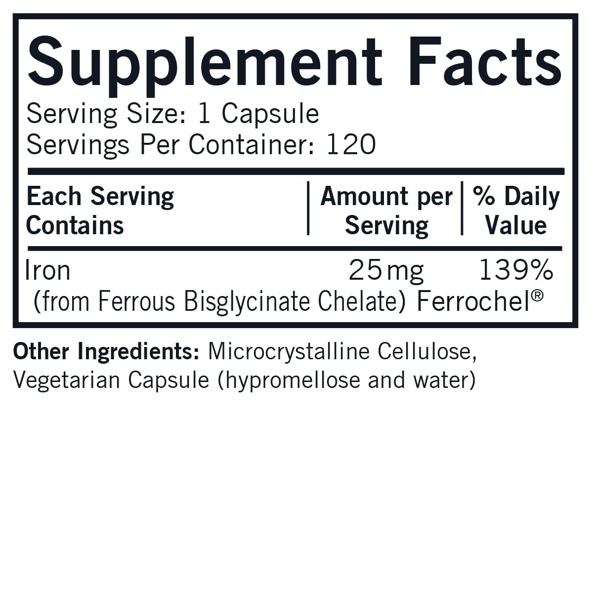 Close-up of Kirkman Iron 25 mg Bio-Max capsules with ferrochel formula.
