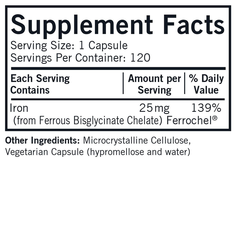 Close-up of Kirkman Iron 25 mg Bio-Max capsules with ferrochel formula.